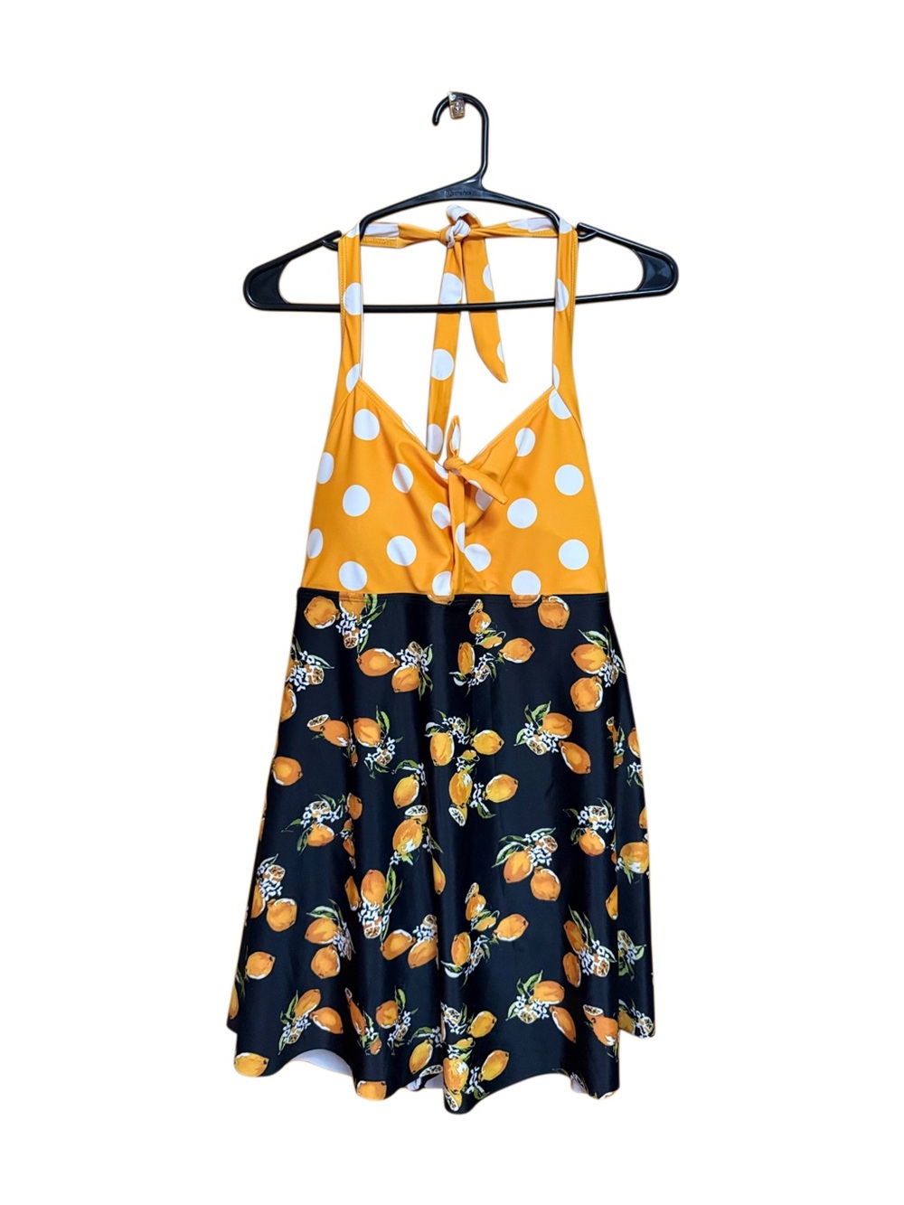 🍋 Vintage-Inspired Lemon Print Swimdress XL | Polka Dot Halter Babydoll Swimsuit